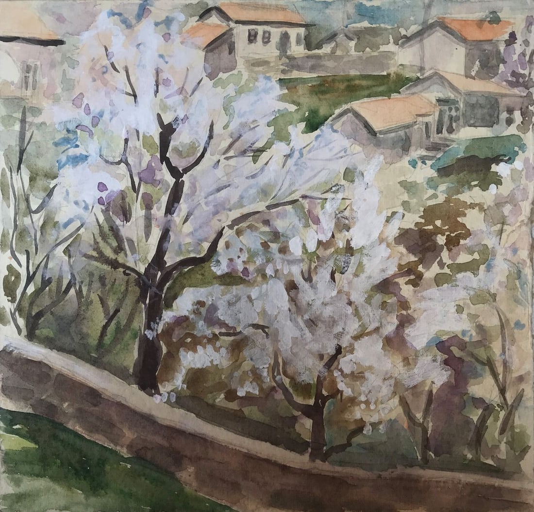 Watercolor painting Trees bloom Unknown artist: Title: Watercolor painting Trees bloom Unknown artist Description: AAA2121 This painting, titled "Trees bloom", captures the beauty and peacefulness of springtime. It shows a garden with flowering
