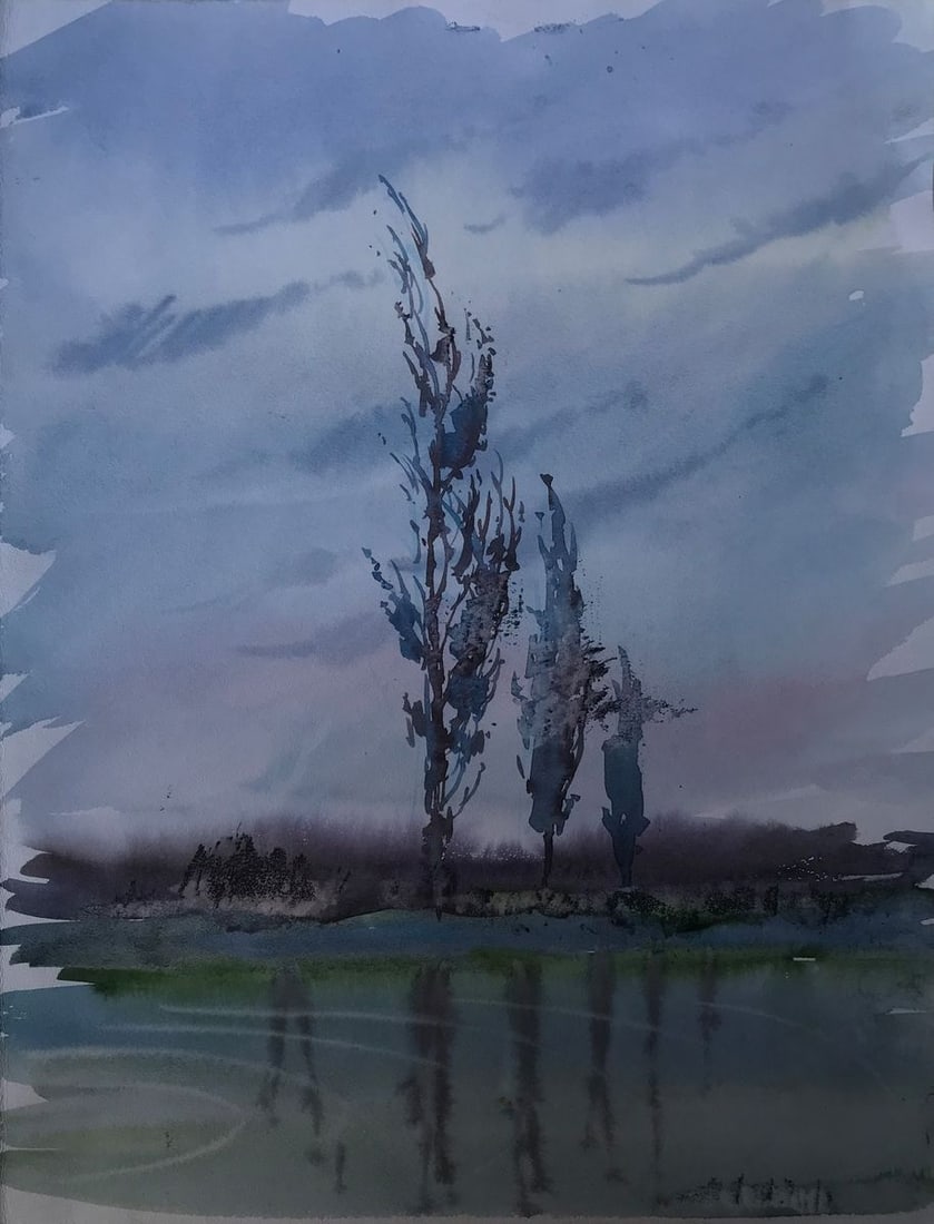 Watercolor painting Night landscape Unknown artist: Title: Watercolor painting Night landscape Unknown artist Description: AAA2123 Looking at this oil painting, you can almost feel the coolness of the clear water and the warmth of the night air. The ar