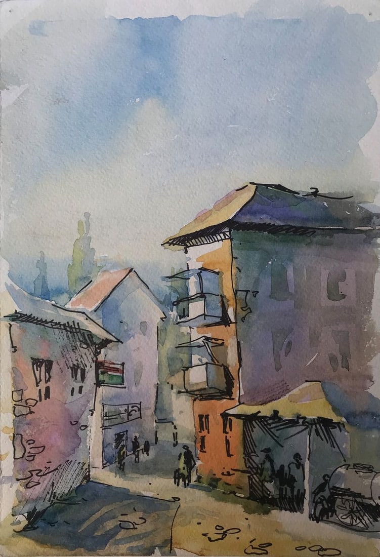 Watercolor painting City life Unknown artist: Title: Watercolor painting City life Unknown artist Description: AAA2124 This painting called "City life" is a beautiful and realistic portrayal of city living. It shows a typical residential area wit