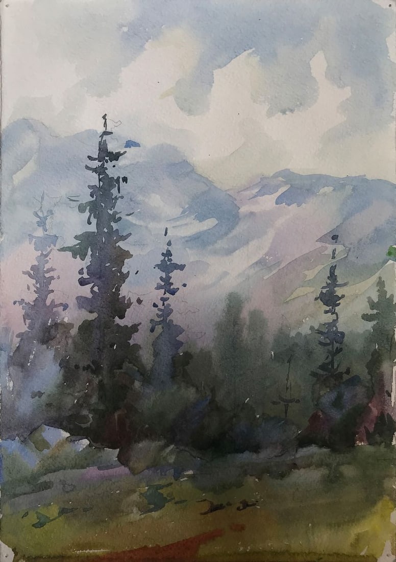 Watercolor painting Holidays in the mountains Unknown artist: Title: Watercolor painting Holidays in the mountains Unknown artist Description: AAA2126 This stunning painting, "Holidays in the mountains", captures the tranquility and beauty of a forest scene. The