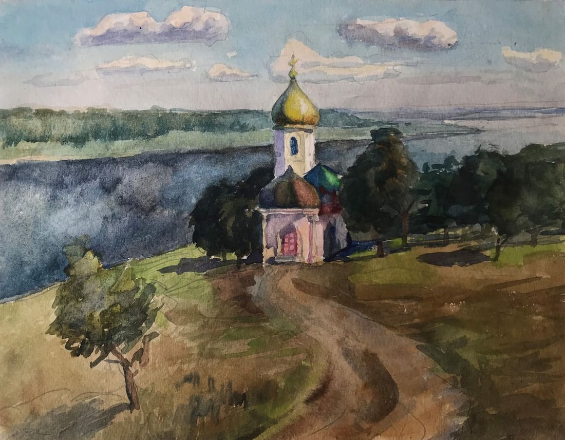Watercolor painting Road to the church Unknown artist: Title: Watercolor painting Road to the church Unknown artist Description: AAA2134 Looking for a stunning painting to add to your art collection? Look no further than "Road to the church"! This beautif