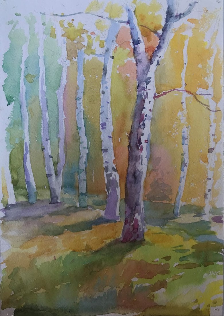 Watercolor painting Birch forest Unknown artist: Title: Watercolor painting Birch forest Unknown artist Description: AAA2138 This painting, titled "Birch Forest", is a beautiful and tranquil scene. The artist has captured the delicate beauty of slen