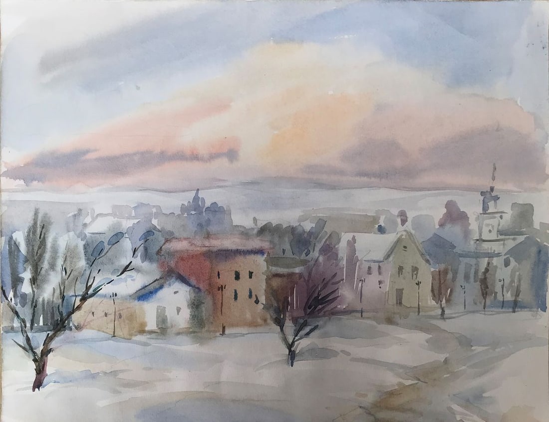 Watercolor painting Winter in the city Unknown artist: Title: Watercolor painting Winter in the city Unknown artist Description: AAA2170 If you're looking for a breathtaking painting that captures the beauty of winter, look no further than "Winter in the 