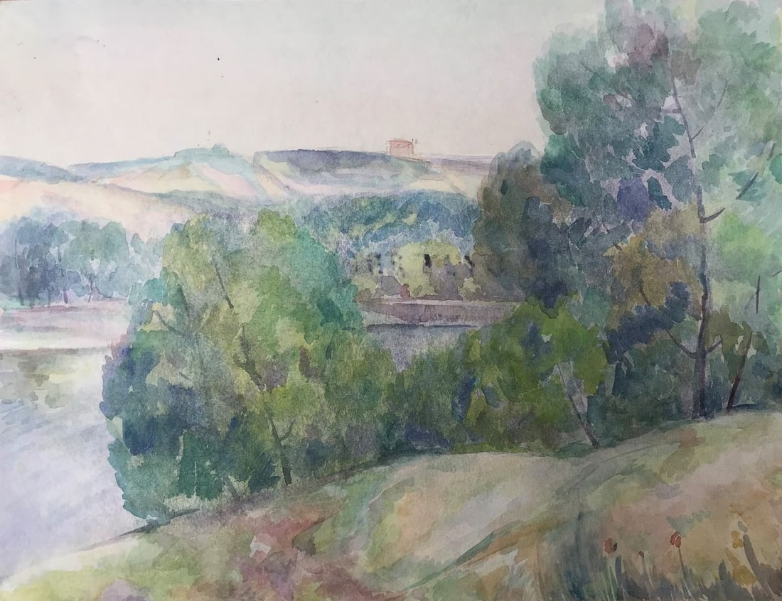 Watercolor painting Rainy day Unknown artist: Title: Watercolor painting Rainy day Unknown artist Description: AAA2235 On a rainy day, the river between the hills is full of life. The trees are robust and the meadows are green. It's a summer day,
