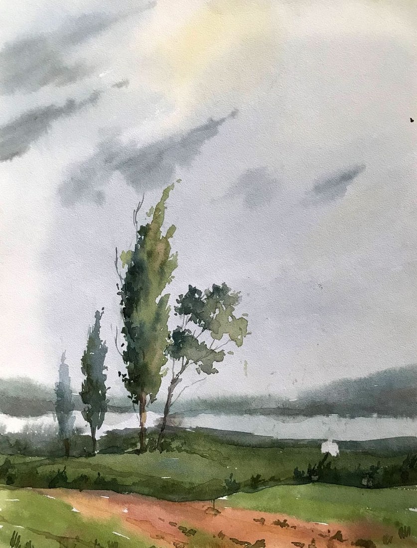 Watercolor painting Summer rainy day Unknown artist: Title: Watercolor painting Summer rainy day Unknown artist Description: AAA2291 "Summer rainy day" is an painting that captures the beauty and peacefulness of a summer rain shower. The meadow is lush 