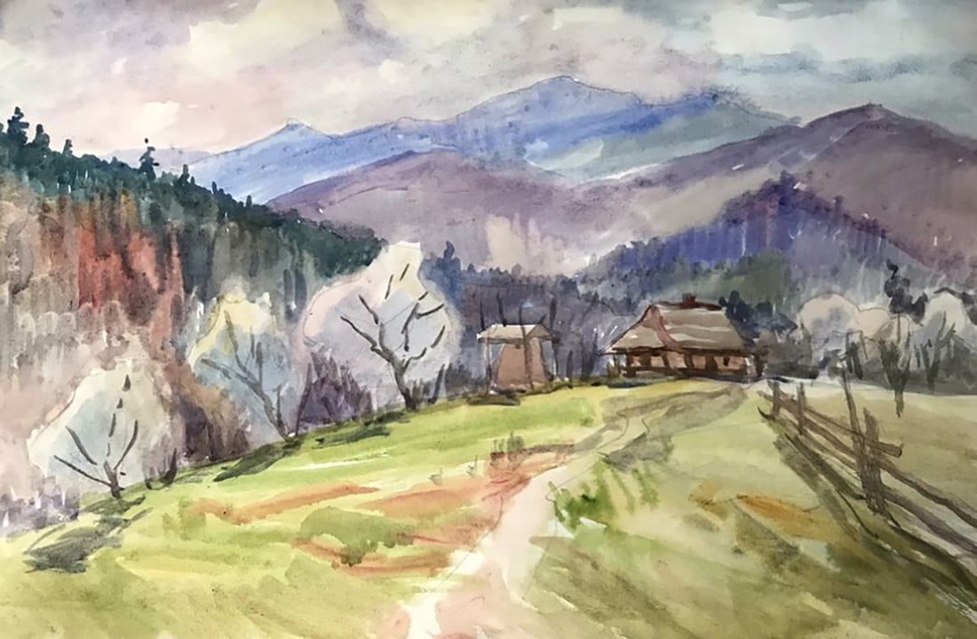 Watercolor painting House in the mountains Unknown artist: Title: Watercolor painting House in the mountains Unknown artist Description: AAA2293 Looking at this painting, you can almost feel the fresh mountain air. The house in the distance seems like a perfe