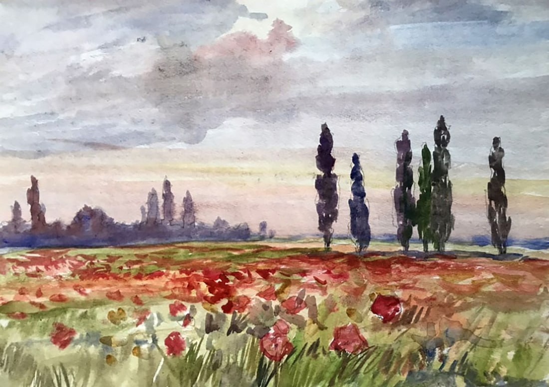 Watercolor painting Poppy field Unknown artist: Title: Watercolor painting Poppy field Unknown artist Description: AAA2295 Looking for an elegant and beautiful painting. Look no further than our "Poppy field" oil painting! This exquisite work of ar