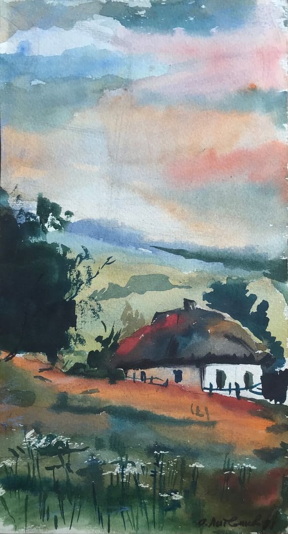 Watercolor painting House on the outskirts Alexander Arkadievich Litvinov: Title: Watercolor painting House on the outskirts Alexander Arkadievich Litvinov Description: AAA2360 This painting entitled "House on the outskirts" is a beautiful and peaceful summer image. It captu