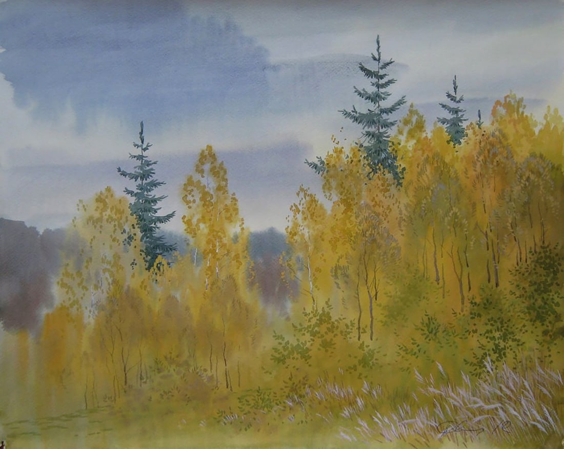 Watercolor painting Autumn yellow forest Valery Savenets: Title: Watercolor painting Autumn yellow forest Valery Savenets Description: Sav 411*** ABOUT THIS PAINTING **** TITLE: "Autumn yellow forest"* ARTISTS: Valery Savenets* SIZE: 40x50 cm/'15.74x19.68 in