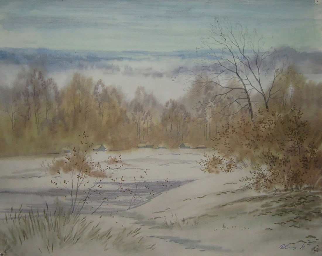 Watercolor painting First snow Valery Savenets: Title: Watercolor painting First snow Valery Savenets Description: Sav 415*** ABOUT THIS PAINTING **** TITLE: "First snow"* ARTISTS: Valery Savenets* SIZE: 40x50 cm/'15.74x19.68 inches'* MEDIUM: water