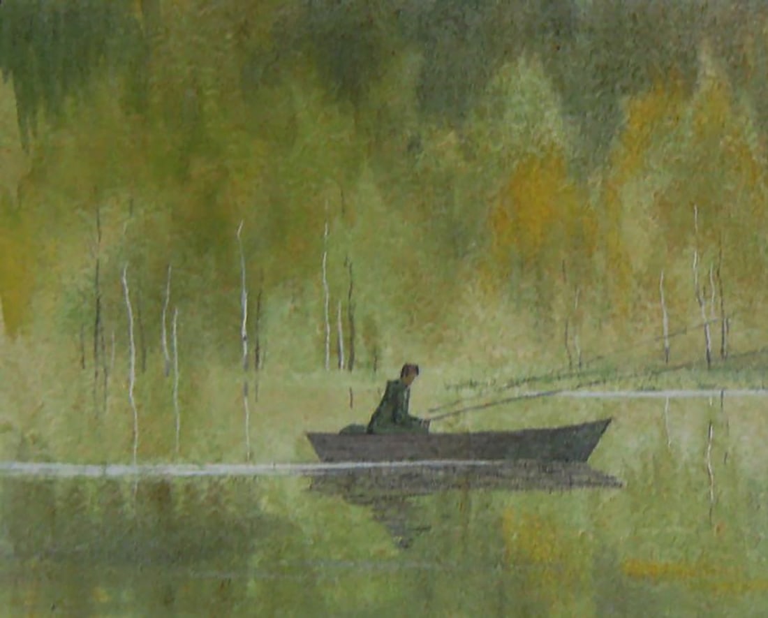 Watercolor painting A man is fishing on a boat Valery Savenets - 4