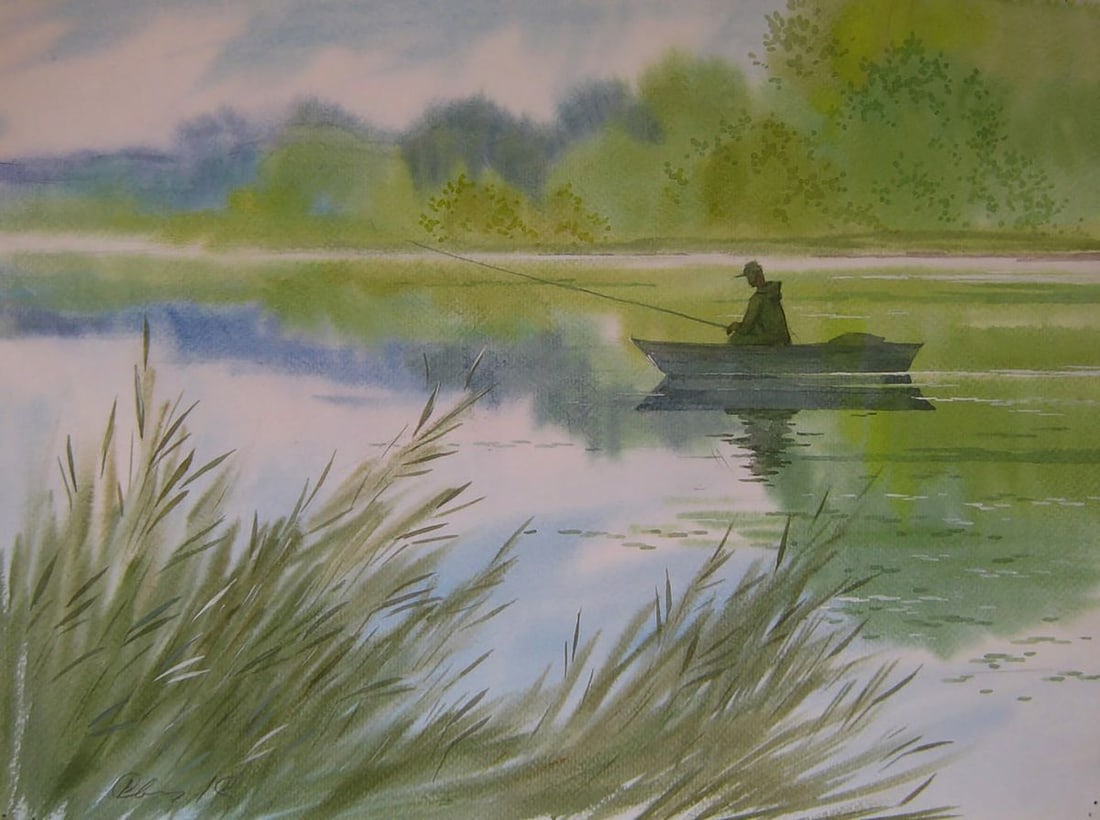 Watercolor painting Early morning fishing in nature Valery Savenets: Title: Watercolor painting Early morning fishing in nature Valery Savenets Description: Sav 422*** ABOUT THIS PAINTING **** TITLE: "Early morning fishing in nature"* ARTISTS: Valery Savenets* SIZE: 30
