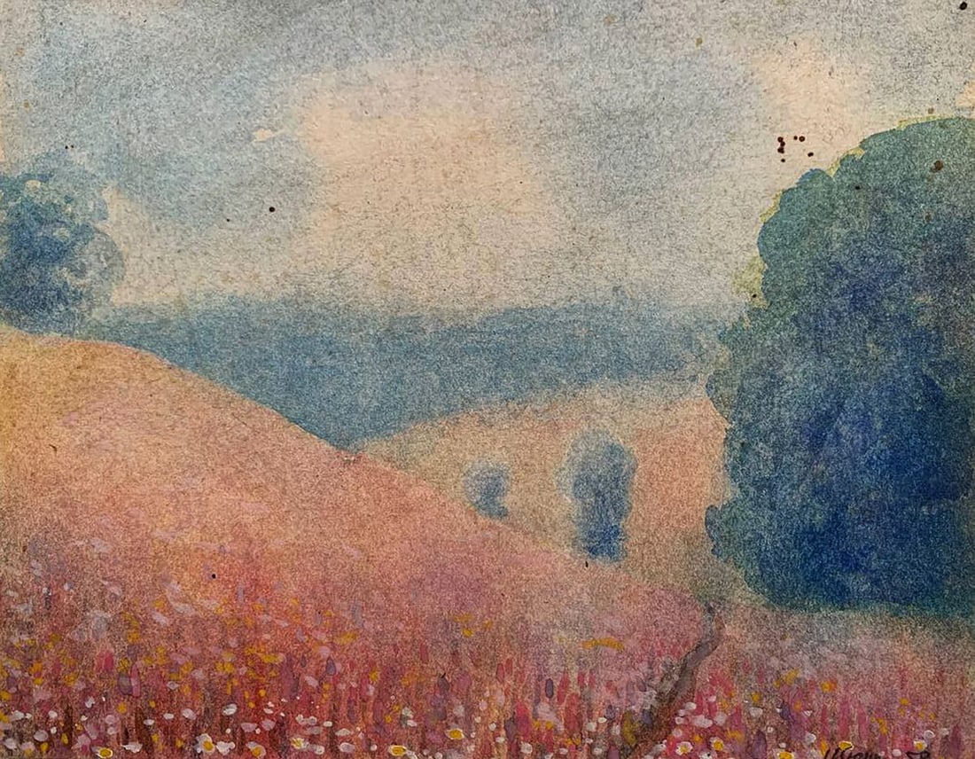 Watercolor painting Behind the village in a flower field Ivan Tsyupka: Title: Watercolor painting Behind the village in a flower field Ivan Tsyupka Description: 1761*** ABOUT THIS PAINTING **** TITLE: "Behind the village in a flower field"* ARTISTS: Ivan Kirillovich Tsyu