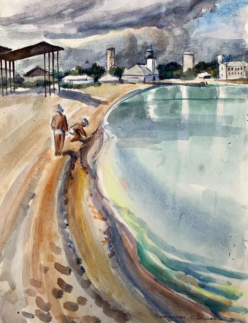 Watercolor painting City lake O. Umansky: Title: Watercolor painting City lake O. Umansky Description: AAA3524The watercolor painting titled "City Lake" portrays a tranquil yet vibrant urban lakeside scene. The artist masterfully combines sof