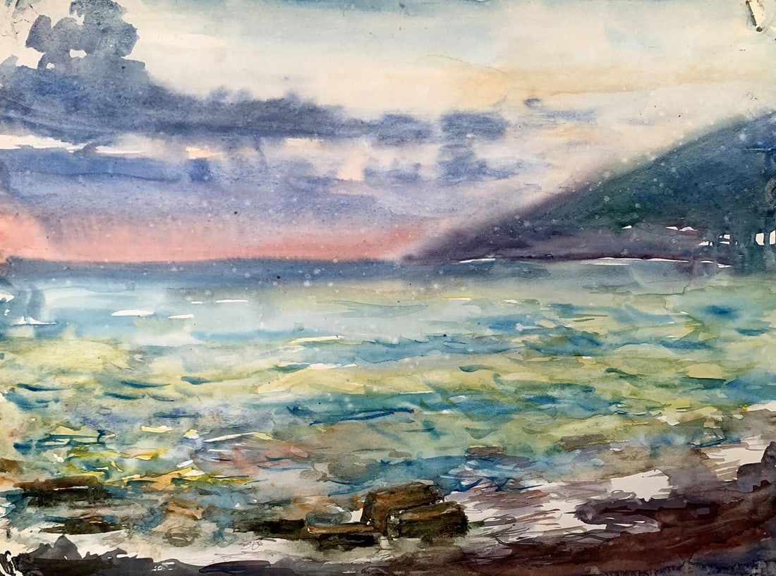 Watercolor painting Orange Sunset Unknown artist: Title: Watercolor painting Orange Sunset Unknown artist Description: AAA3532The watercolor painting titled "Orange Sunset" captures the breathtaking transition of day into night, as vibrant hues of or