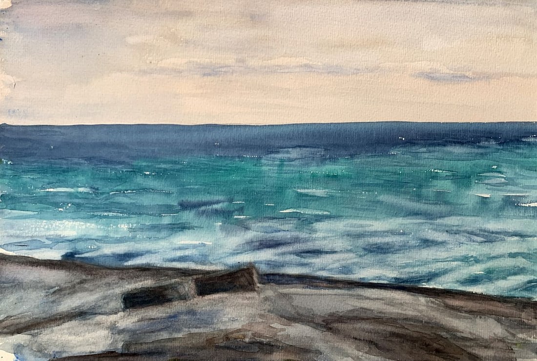 Watercolor painting Evening sea tide Unknown artist: Title: Watercolor painting Evening sea tide Unknown artist Description: AAA3534The watercolor painting titled "Evening Sea Tide" is a tranquil depiction of the sea during the transition from day to ni