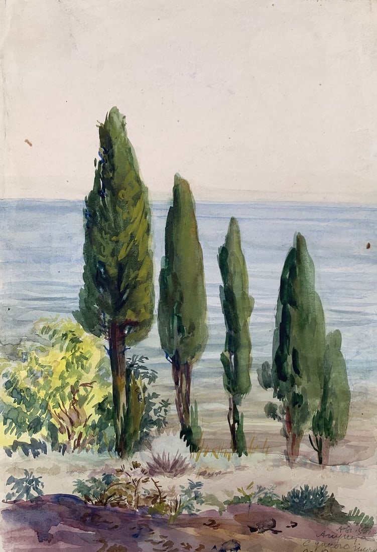 Watercolor painting Holidays at the resort Unknown artist: Title: Watercolor painting Holidays at the resort Unknown artist Description: AAA3538The watercolor painting titled "Holidays at the Resort" presents a tranquil and picturesque view of a coastal setti