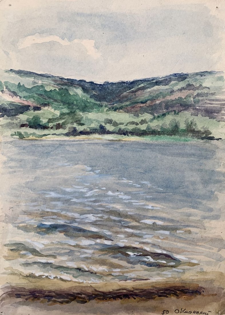 Watercolor painting On the river bank O. Umansky: Title: Watercolor painting On the river bank O. Umansky Description: AAA3548The watercolor painting titled "On the River Bank" invites viewers into a serene and picturesque riverside scene, capturing 