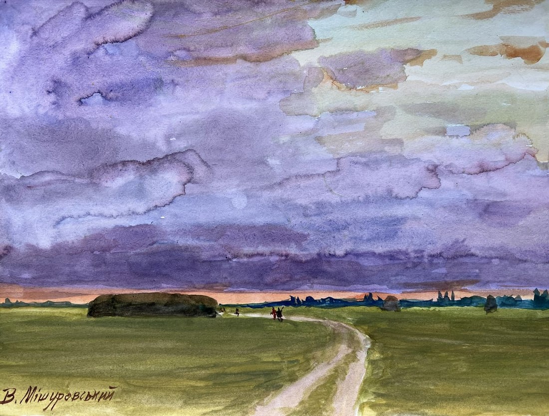 Gouache painting Evening in the meadow V. Mishurovsky: Title: Gouache painting Evening in the meadow V. Mishurovsky Description: 191"Evening in the Meadow" by Viktor Myshurovsky is a serene and atmospheric watercolor painting that captures the tranquil be