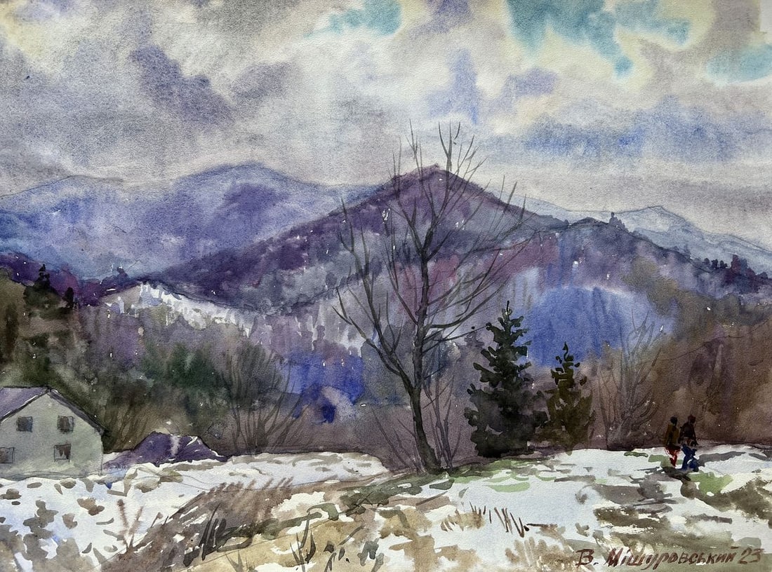 Watercolor painting Winter in the mountains V. Mishurovsky: Title: Watercolor painting Winter in the mountains V. Mishurovsky Description: 192"Winter in the Mountains" by Viktor Myshurovsky is a captivating watercolor painting that beautifully captures the ser