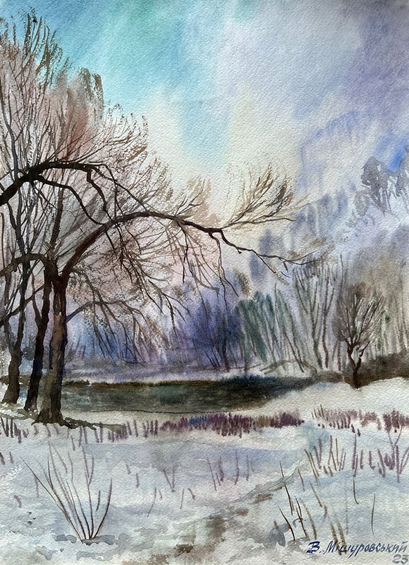 Watercolor painting Winter has come V. Mishurovsky: Title: Watercolor painting Winter has come V. Mishurovsky Description: 193"Winter has Come" by Viktor Myshurovsky is a delicate and evocative watercolor painting that beautifully captures the serene a