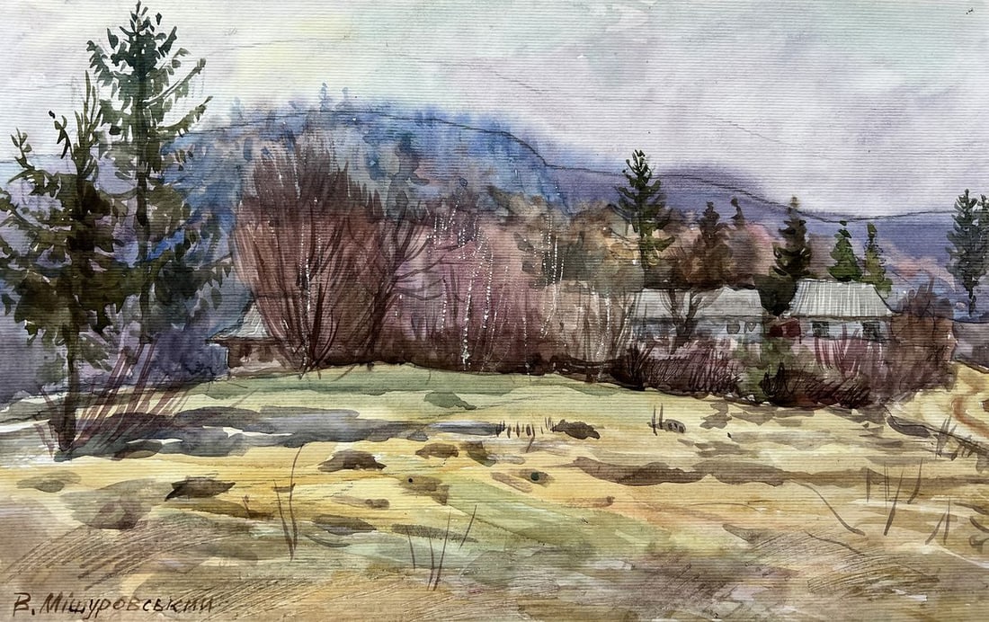 Watercolor painting A village in the mountains V. Mishurovsky: Title: Watercolor painting A village in the mountains V. Mishurovsky Description: 198"A Village in the Mountains" by Viktor Myshurovsky is a serene and evocative watercolor painting that captures the 
