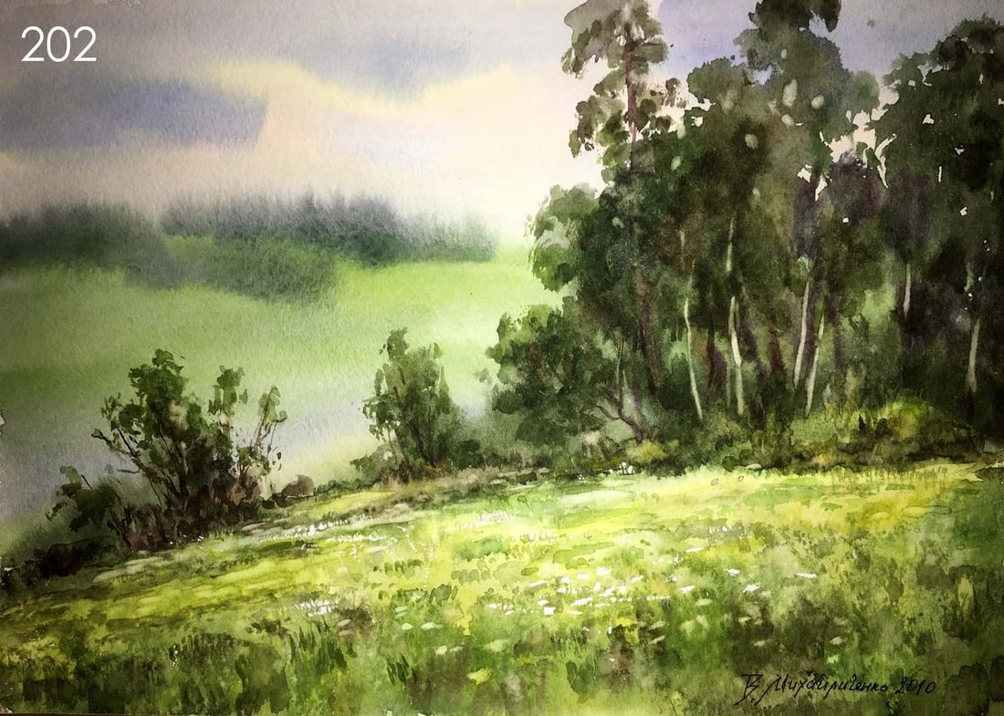 Green edge watercolor painting Viktor Mikhailichenko: Title: Green edge watercolor painting Viktor Mikhailichenko Description: 202 * TITLE: "Green edge" * ARTIST: Viktor Mikhailichenko * SIZE: 21x30 cm/'8.26x11,84 inches' * MEDIUM: watercolor, cardboard 