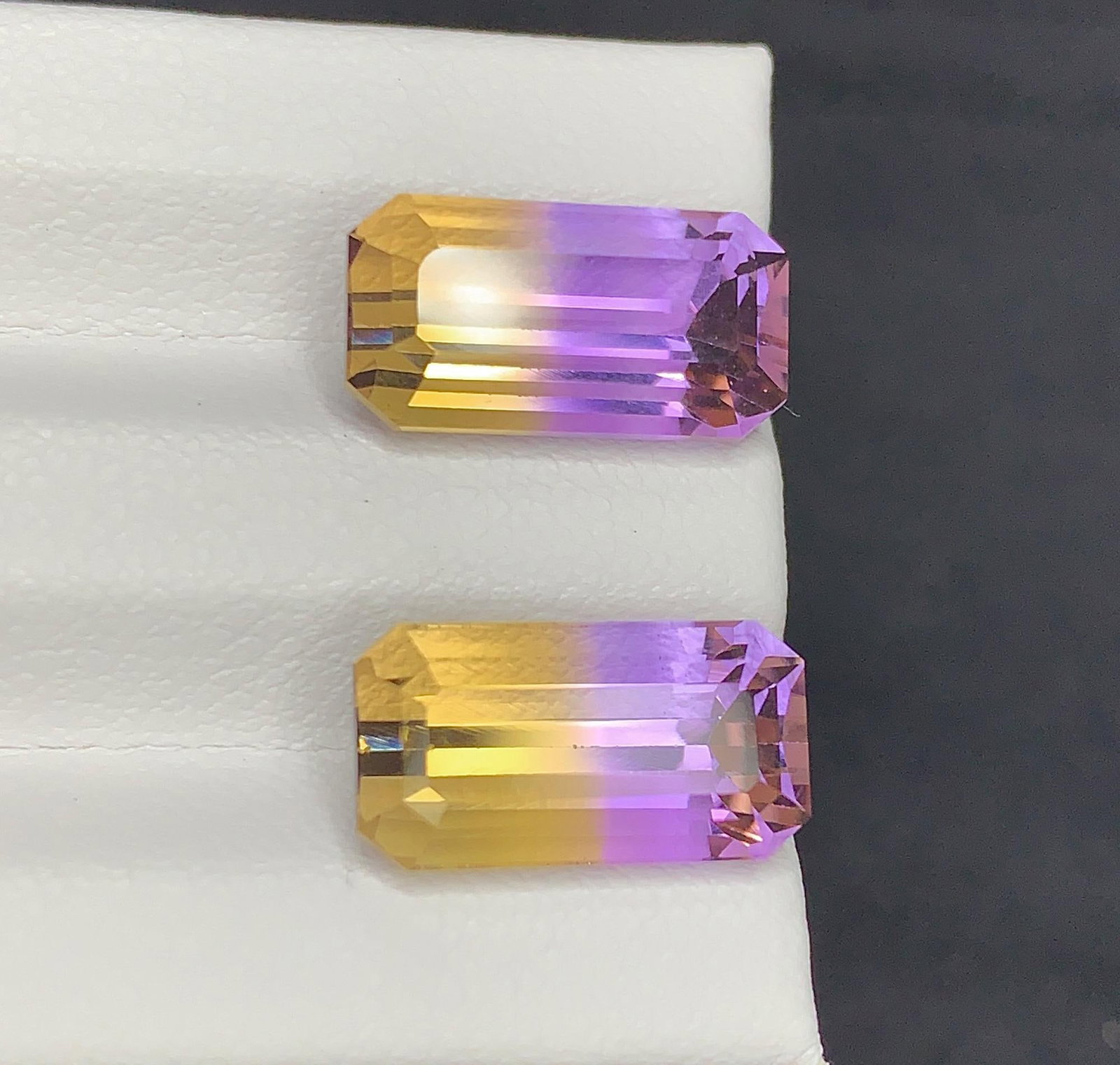 Emerald Cut Bolivian Ametrine Gemstone Pair: 11.30 CT, Royal Purple/Mango Yellow - 5