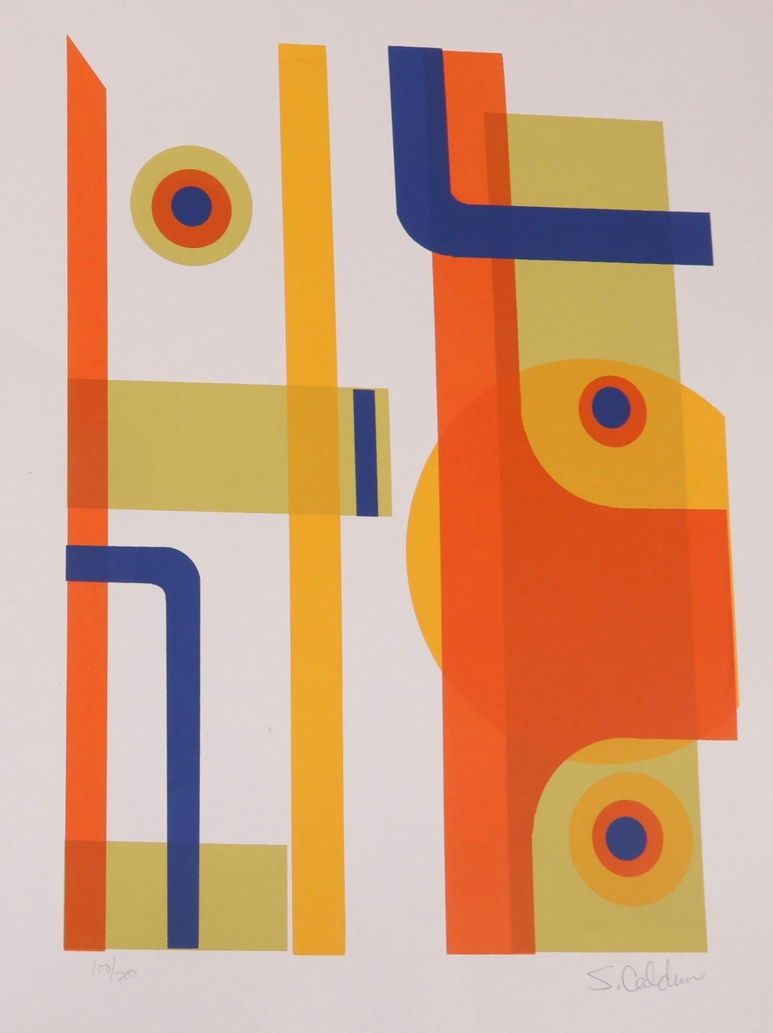 S Caldern: Geometric Orange Blue: Title: S Caldern: Geometric Orange Blue Description: Artist: S Caldern Title: Geometric Orange Blue Date/Period: 1970 Type: Work on paper Medium: Silkscreen Dimension: 20 x 16 inches Signed & Dated: