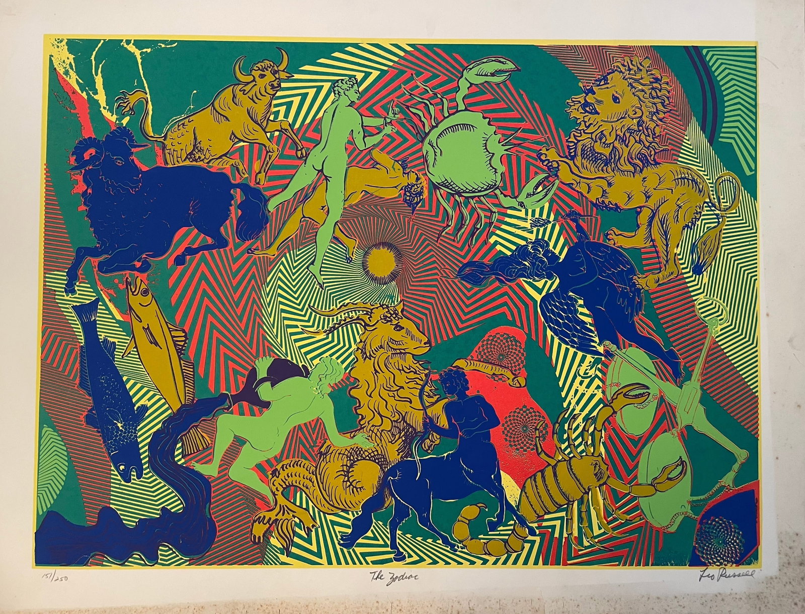 Leo Russell: The Zodiac: Title: Leo Russell: The Zodiac Description: Artist: Leo Russell Title: The Zodiac Type: Work on paper Date: 1965 Medium: silkcreen Dimensions: 20 x 26 inches Signed and Dated: Signed, titled, and