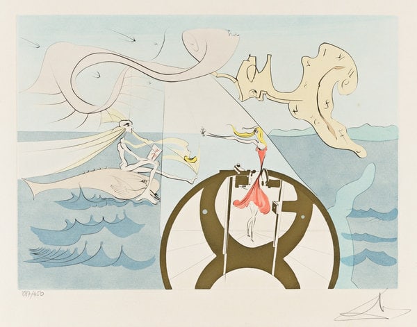 Salvador Dali: La machine a courdre: Title: Salvador Dali: La machine a courdre Description: Artist: Salvador Dali Title: La machine a courdre Date: 1975 Medium: Etching with color pochoir on Arches Dimensions: 14 3/8 x 19 7/8 in ; 36.5 