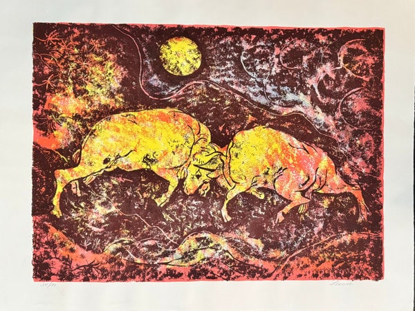Leeodo: Charging Bull: Title: Leeodo: Charging Bull Description: Artist: Leeodo Title: Charging Bull Date: 1970 Medium: woodblock Dimensions: 20 x 26 inches Signed and Dated: Signed and numbered Edition: Edition 34 of 180 R