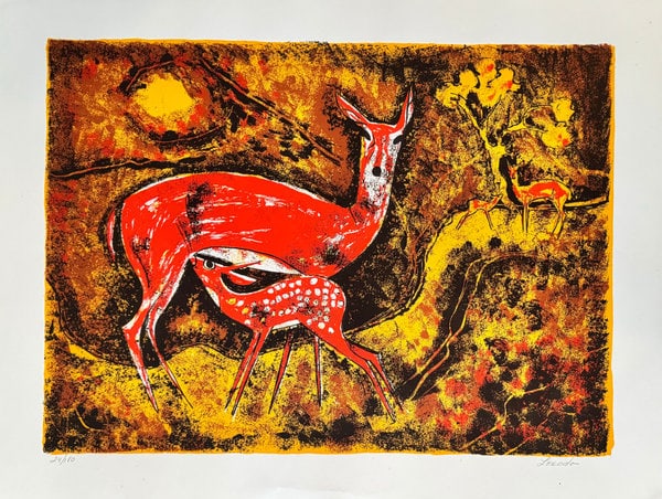 Leeodo: Deer: Title: Leeodo: Deer Description: Artist: Leeodo Title: Deer Date: 1970 Medium: woodblock Dimensions: 20 x 26 inches Signed and Dated: Signed and numbered Edition: Edition 24 of 180 Reserve: $300.00