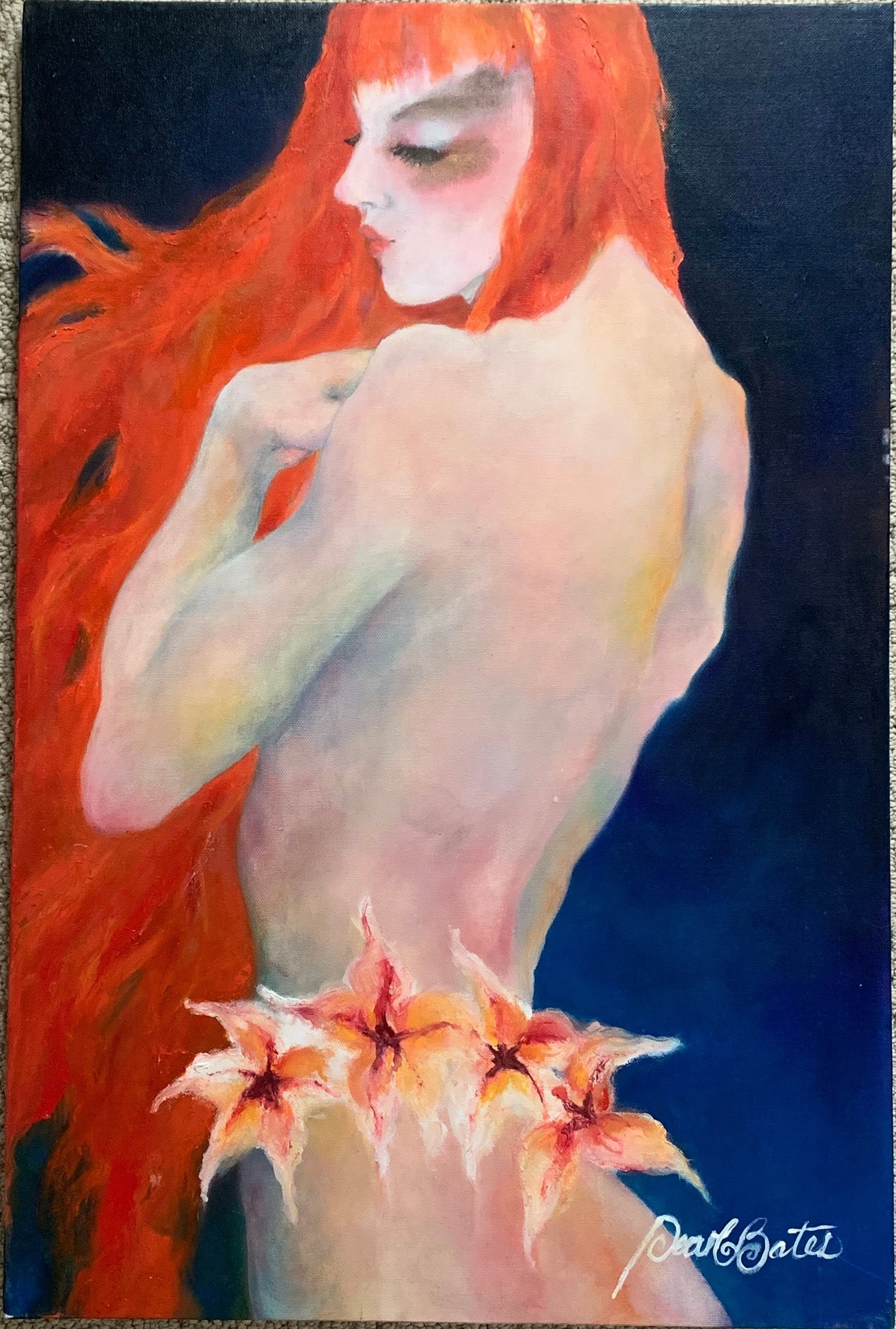 Pearl Bates: Fire Lily: Title: Pearl Bates: Fire Lily Description: Artist: Pearl Bates Title: Fire Lily Date/Period: Unknown Type: Painting Medium: Oil on canvas Dimension: 30 x 20 inches Signed & Dated: Signed Reserve: $550