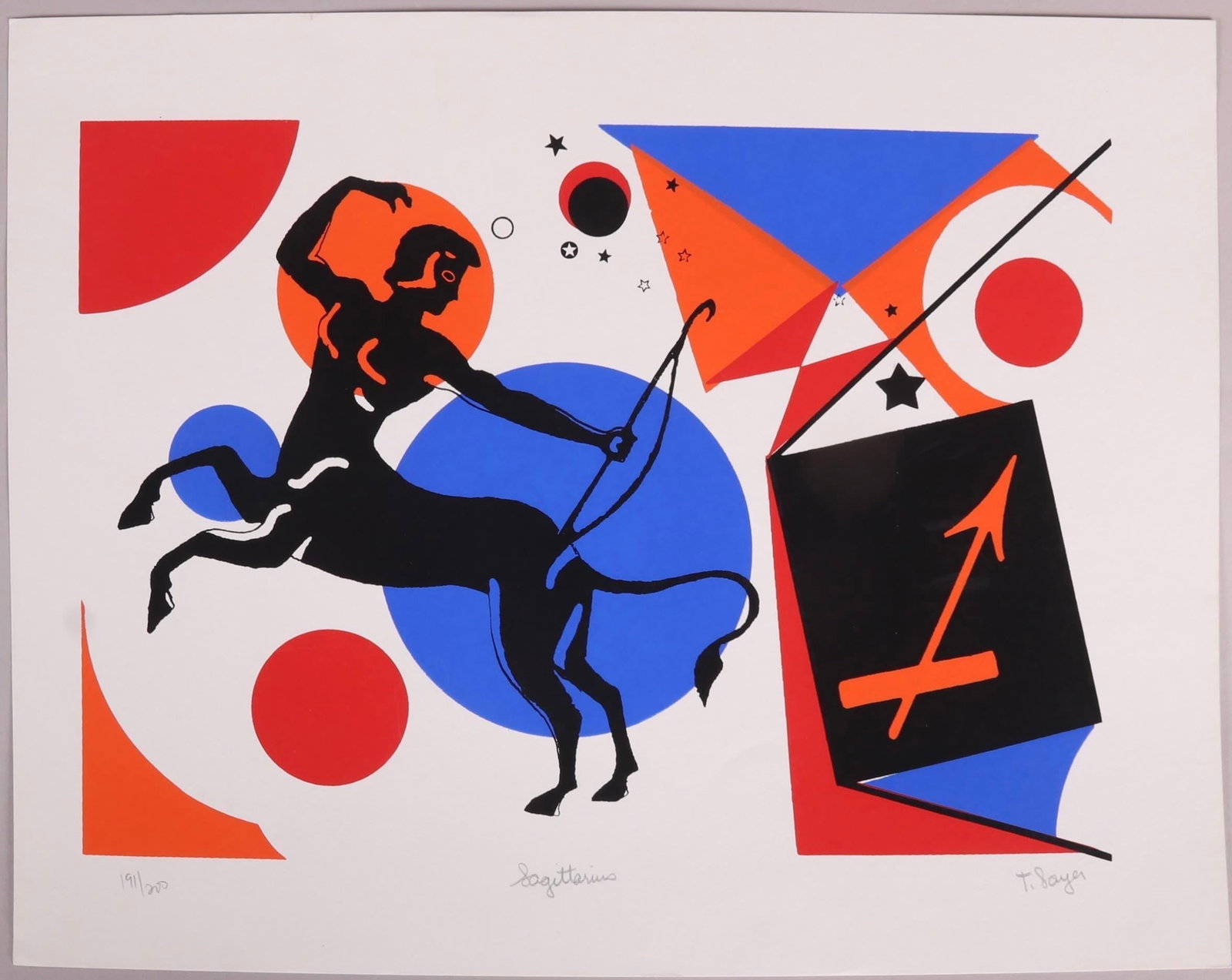 T Sayer: Sagittarius: Title: T Sayer: Sagittarius Description: Artist: T Sayer Title: Sagittarius Type: Work on paper Date: 1970 Medium: Silkscreen Dimensions: 13 x 16 inches Signed and Dated: Signed and numbered Edition/P