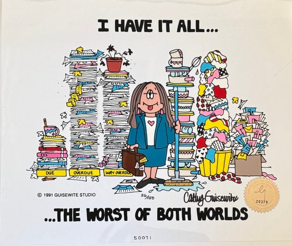 Cathy Guisewite: The Worst of Both Worlds: Title: Cathy Guisewite: The Worst of Both Worlds Description: Artist: Cathy Guisewite Title: The Worst of Both Worlds Date: 1991 Medium: Production cel Dimensions: 12.5 x 10.5 inches Signed and