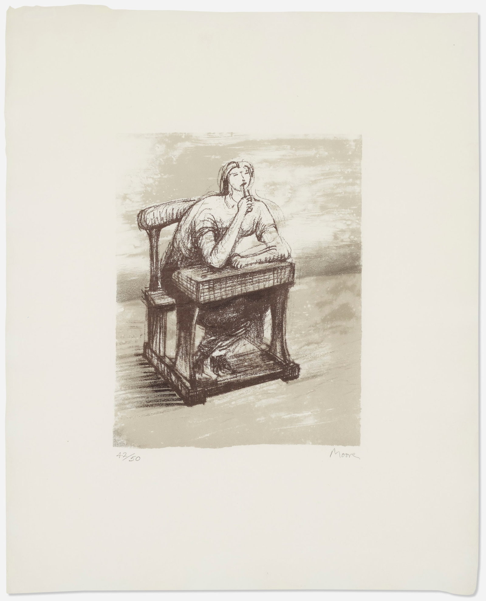 Henry Moore: Girl Seated at Desk IV: Title: Henry Moore: Girl Seated at Desk IV Description: Artist: Henry Moore Title: Girl Seated at Desk IV Type: Work on paper Date: 1974 Medium: Lithograph Dimensions: Image: 9 x 7 inches ; Sheet: 17 