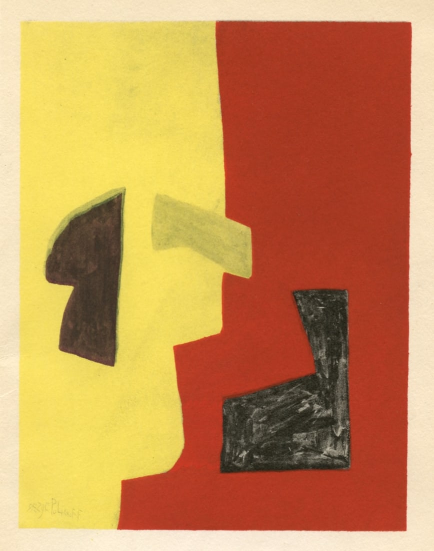 Serge Poliakoff pochoir: Title: Serge Poliakoff pochoir Description: Medium: pochoir (after the gouache). Printed in Paris in 1957 by Jacomet and issued in an edition of 1000 by the Galerie Berggruen for a rare catalogue.