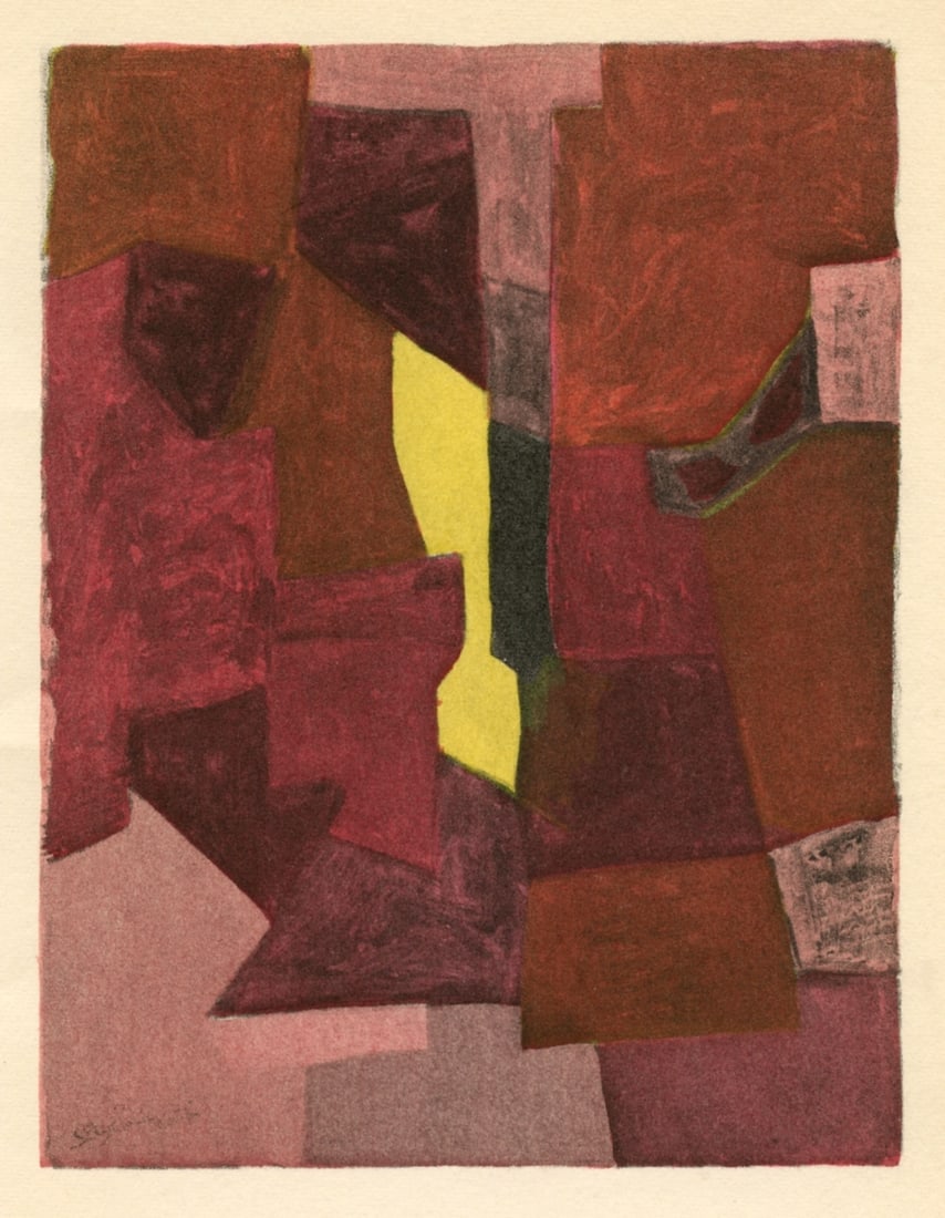 Serge Poliakoff pochoir: Title: Serge Poliakoff pochoir Description: Medium: pochoir (after the gouache). Printed in Paris in 1957 by Jacomet and issued in an edition of 1000 by the Galerie Berggruen for a rare catalogue.