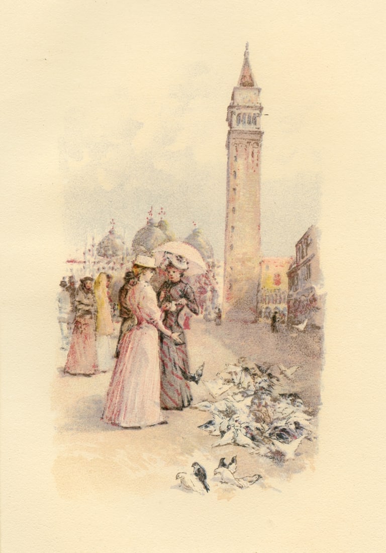 Childe Hassam chromolithograph "The Piazza" | Venice: Title: Childe Hassam chromolithograph "The Piazza" | Venice Description: Medium: chromolithograph (after the watercolor). This delightful antique lithograph was published in a small edition in 1892