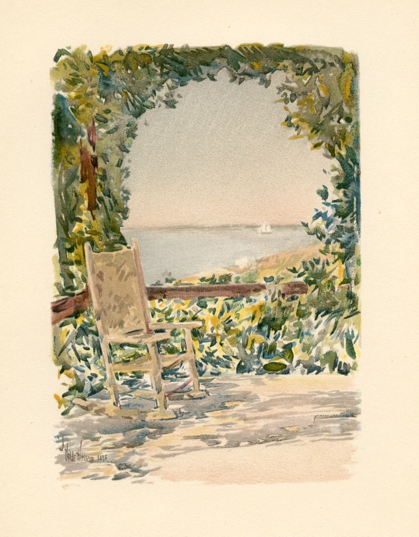 Childe Hassam chromolithograph "A Shady Seat": Title: Childe Hassam chromolithograph "A Shady Seat" Description: Medium: chromolithograph (after the watercolor). Beautifully printed in 1894 to illustrate the rare Celia Thaxter volume entitled "An 