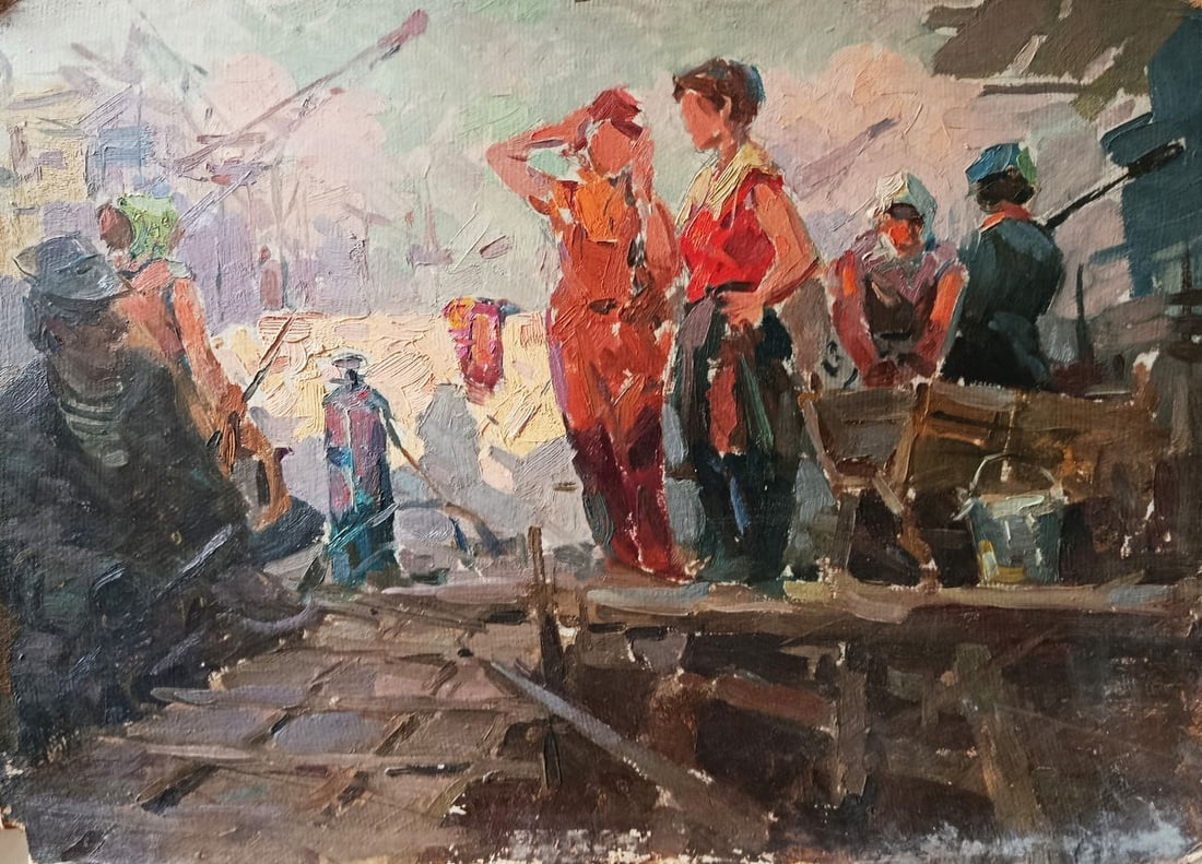 Oil painting People are doing repairs Unknown artist (1 of 10)