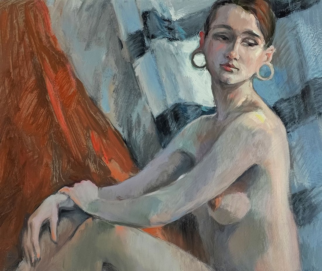 Oil painting Girl with a pensive face Oksana Osnach: Title: Oil painting Girl with a pensive face Oksana Osnach Description: Procach 142The Oil painting Hardboard titled "Girl with a pensive face" is a remarkable study of emotion, vulnerability, and the