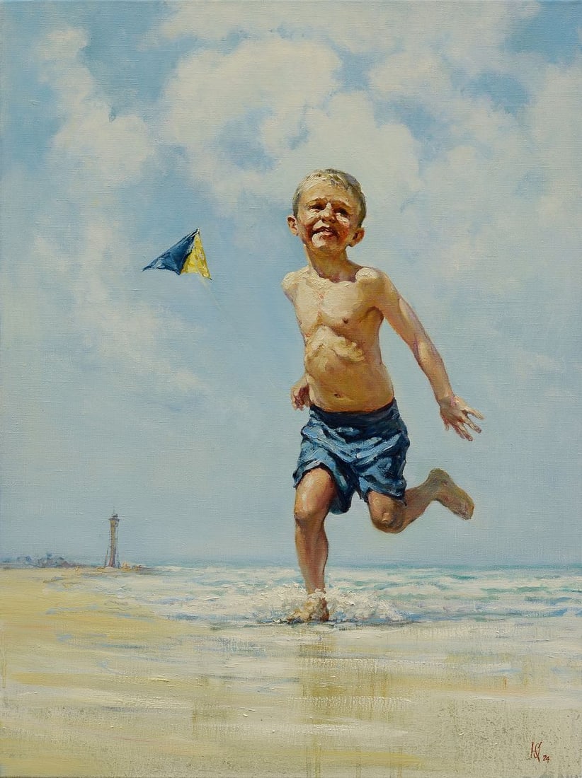 Oil painting Sunny island Oleg Kateryniuk: Title: Oil painting Sunny island Oleg Kateryniuk Description: No. Kat 54The painting titled "Sunny Island" captures the joy and innocence of childhood on a warm summer day. The central figure is a