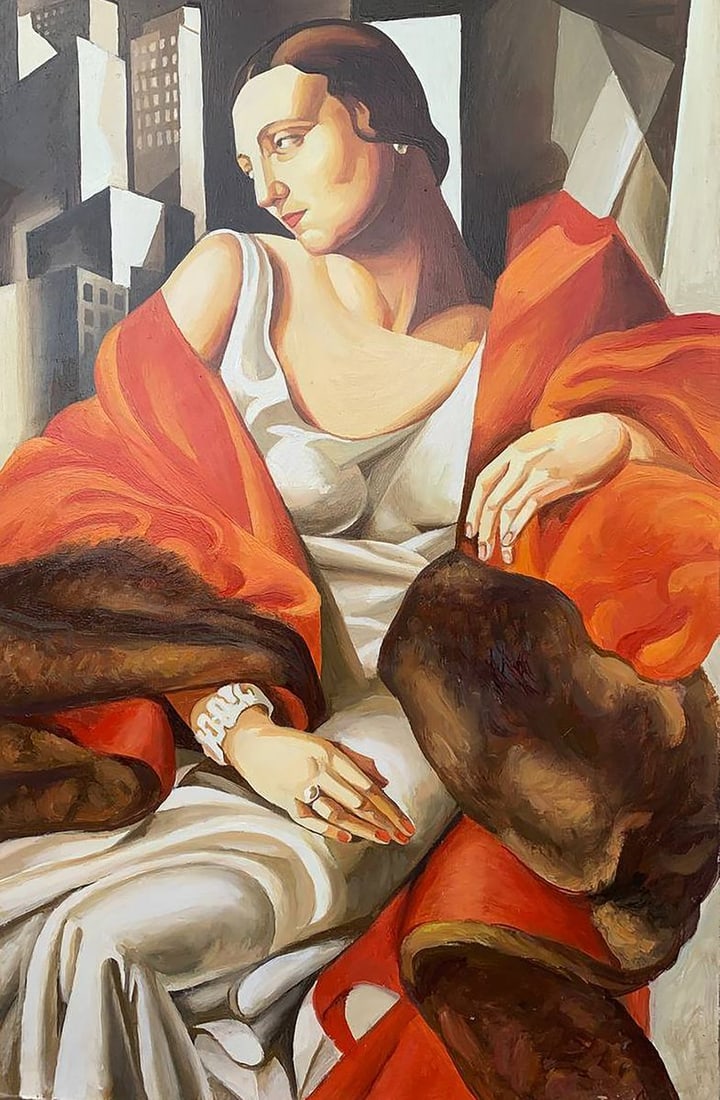 Oil painting Woman in furs (based on T. Lempicka) V. Konotopsky: Title: Oil painting Woman in furs (based on T. Lempicka) V. Konotopsky Description: No. 1641This painting, inspired by Tamara de Lempicka's iconic Art Deco style, captures the elegance and confident a
