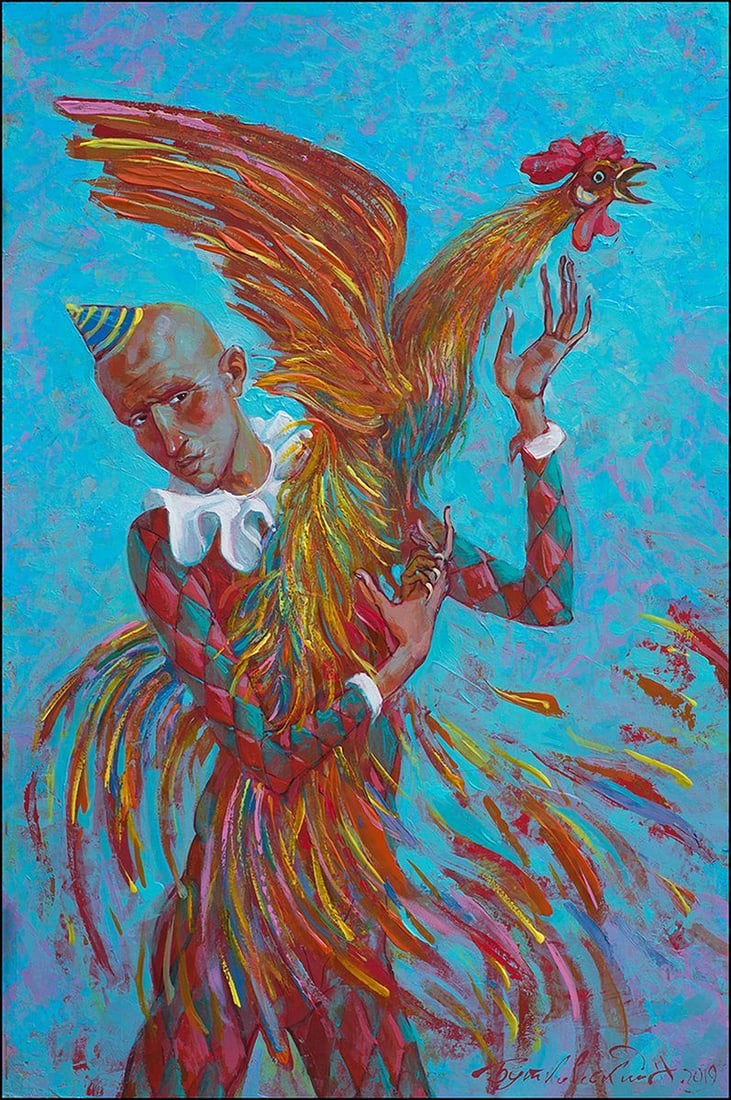 Acrylic painting With the rooster Nicolay Vydcovsky: Title: Acrylic painting With the rooster Nicolay Vydcovsky Description: No. Bytk 10 *** ABOUT THIS PAINTING *** * TITLE: "With the rooster" * ARTISTS: Nicolay Vydcovsky * SIZE: 60x40 cm/23.62x15.74 in