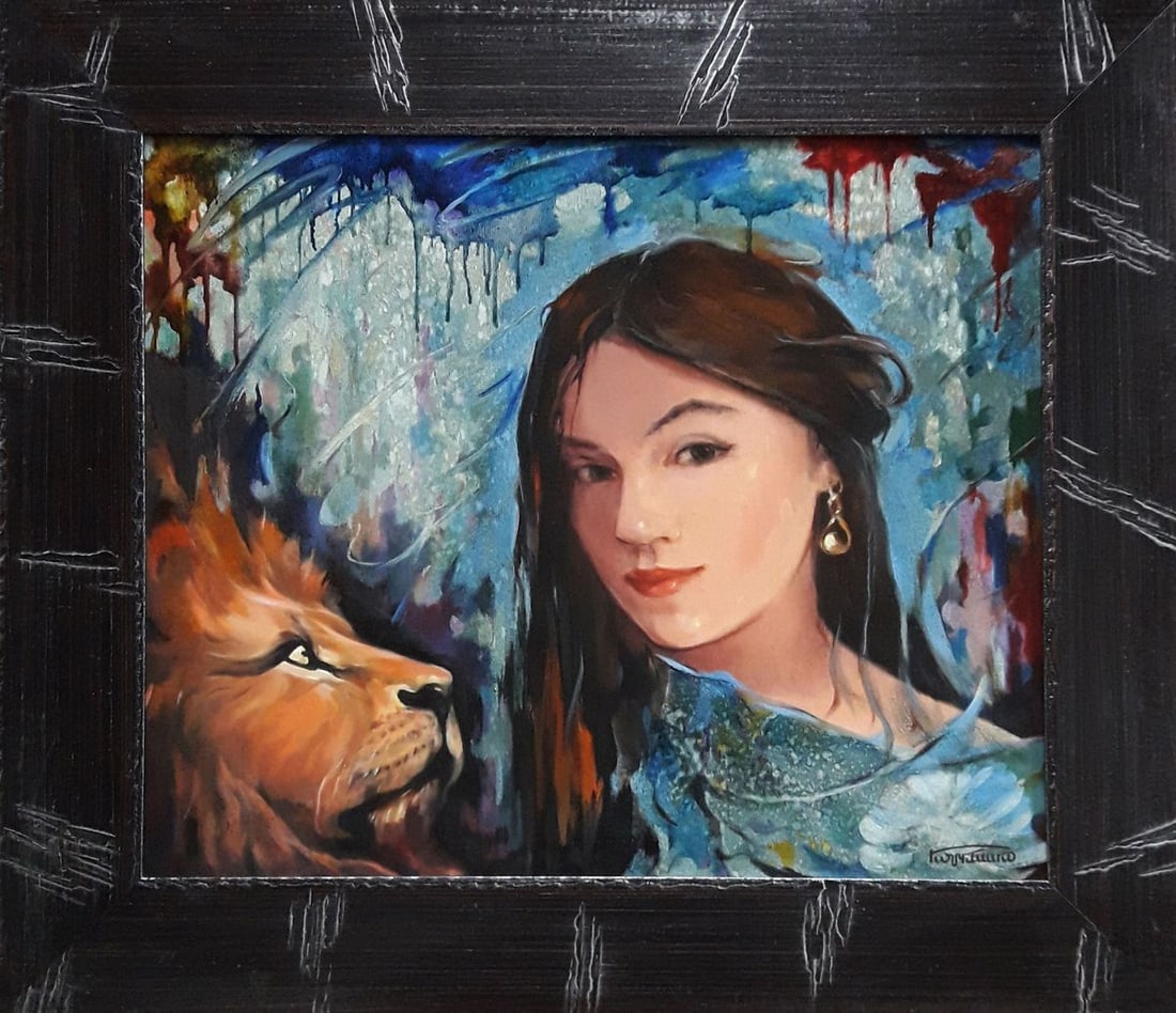 Oil painting Portrait of a girl and a lion Vasily Korkishko: Title: Oil painting Portrait of a girl and a lion Vasily Korkishko Description: No. Kork 230*** ABOUT THIS PAINTING **** TITLE: "Portrait of a girl and a lion" * ARTISTS: Vasily Korkishko* SIZE: