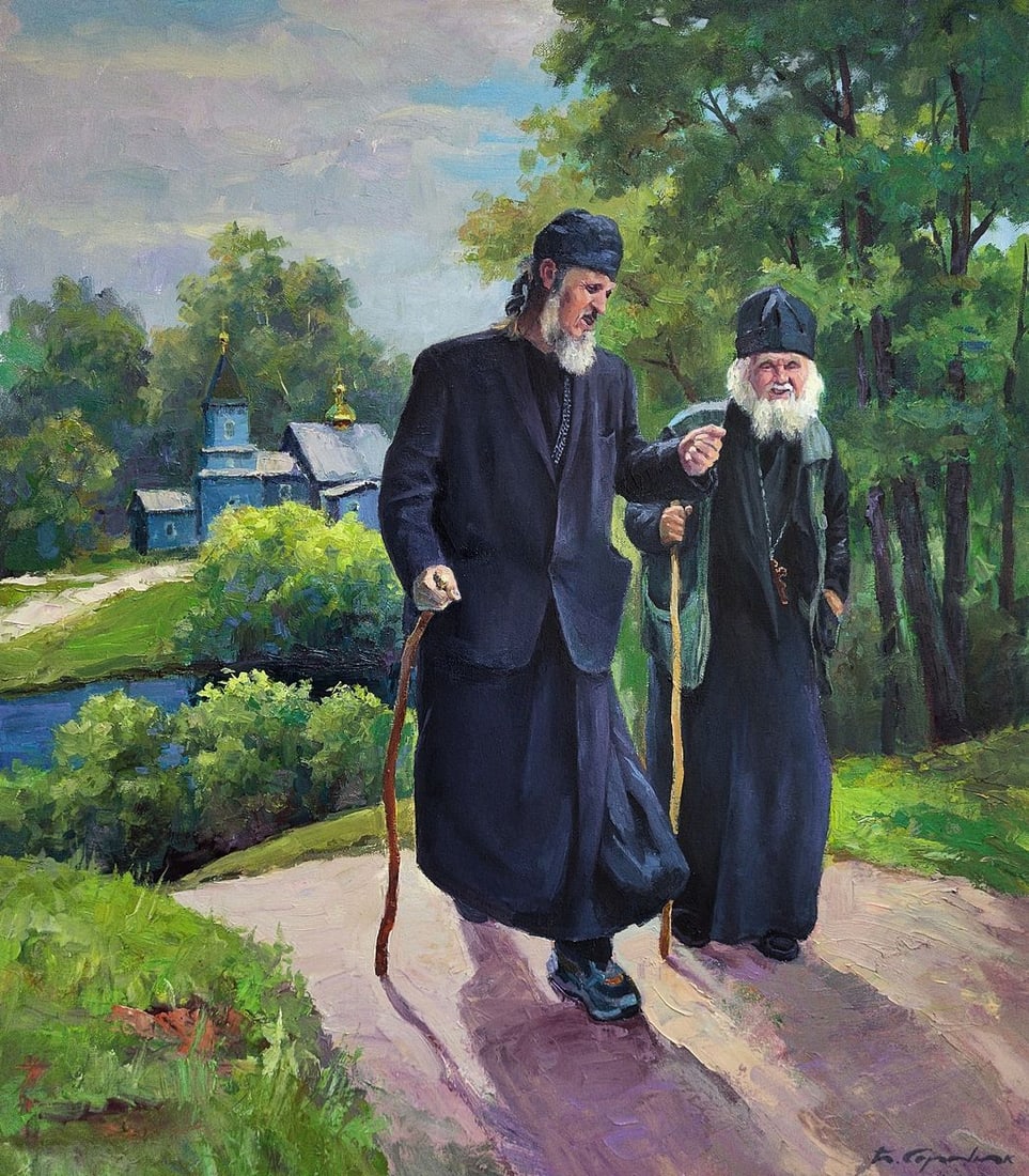 Oil painting From Sunday service Boris Serdyuk: Title: Oil painting From Sunday service Boris Serdyuk Description: No. SERB 1191The oil painting on Canvas titled "From Sunday Service" portrays a deeply human and spiritual scene, capturing a moment