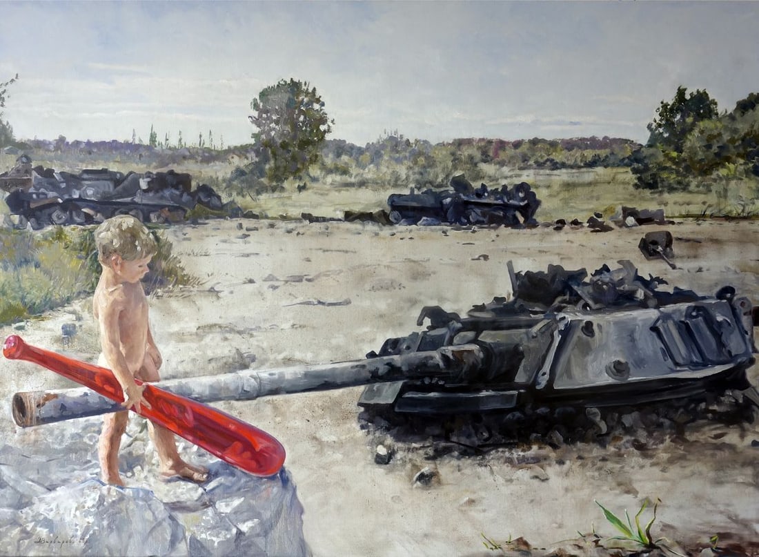 Oil painting Kotygoroshko Varvarov Anatoly Viktorovich: Title: Oil painting Kotygoroshko Varvarov Anatoly Viktorovich Description: No. Varv 198The oil painting titled "Kotygoroshko" depicts a striking and somewhat surreal scene combining innocence with the
