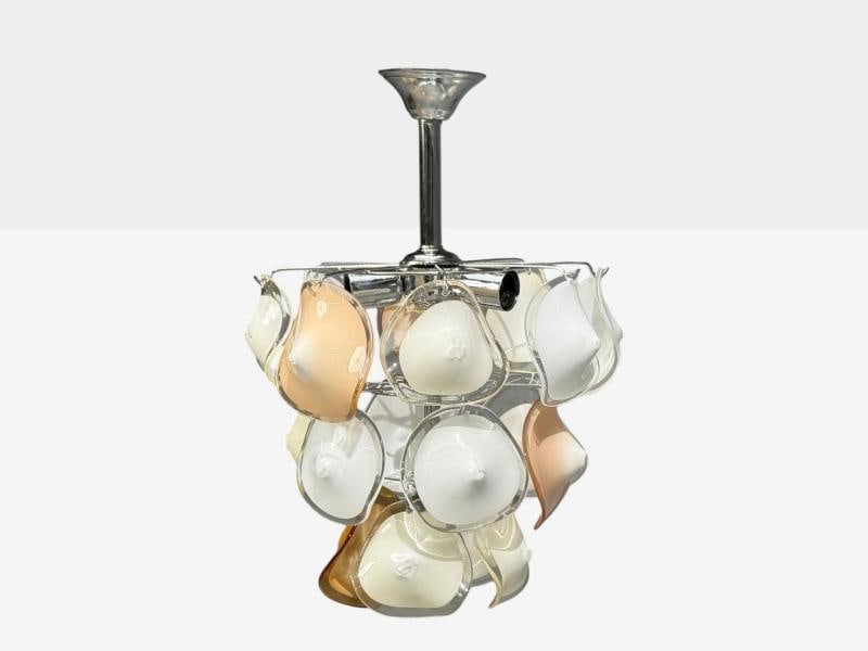 Mid-Century Modern, Orange and White Murano Glass, Chrome, Pendant Light, 1960s - 2